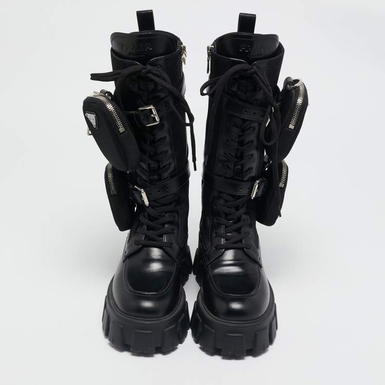 Pre Owned Prada Black Leather and Nylon Monolith Chunky Mid Calf Boots Size 37