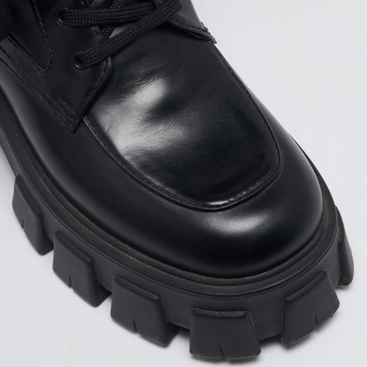 Pre Owned Prada Black Leather and Nylon Monolith Chunky Mid Calf Boots Size 37
