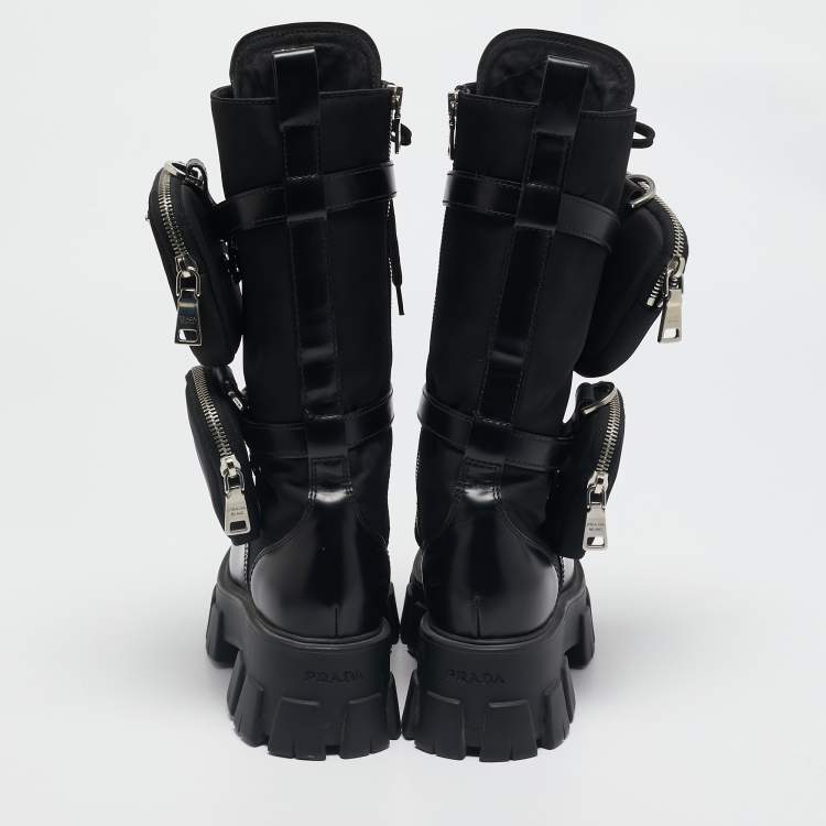 Pre Owned Prada Black Leather and Nylon Monolith Chunky Mid Calf Boots Size 37