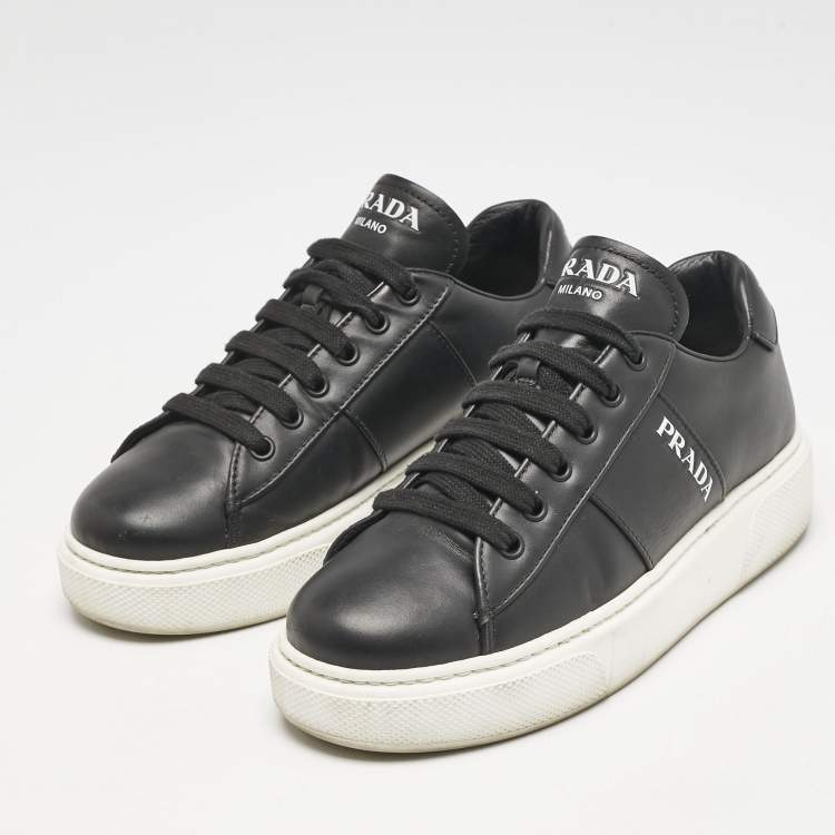 Pre Owned Prada Black Leather Lace Up Sneakers Size 36