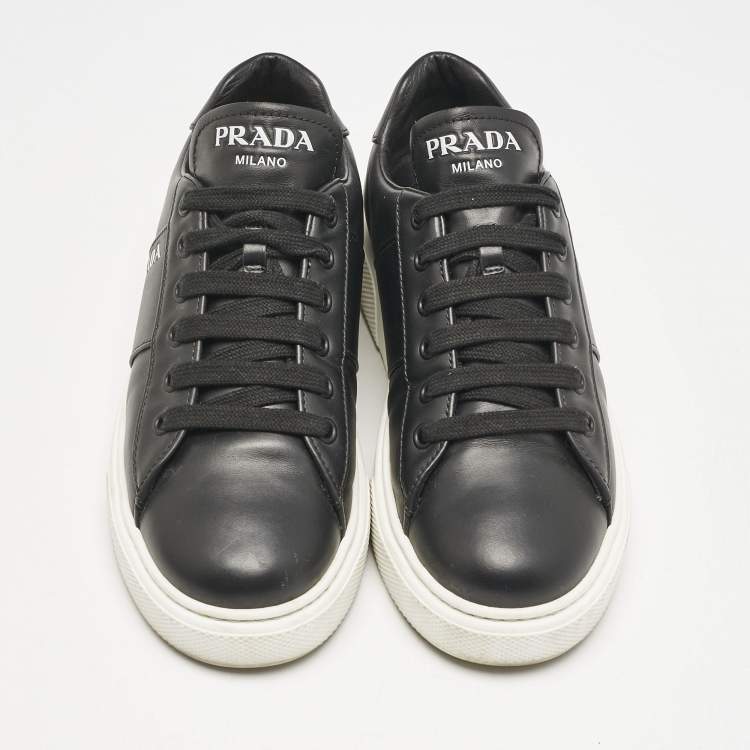 Pre Owned Prada Black Leather Lace Up Sneakers Size 36