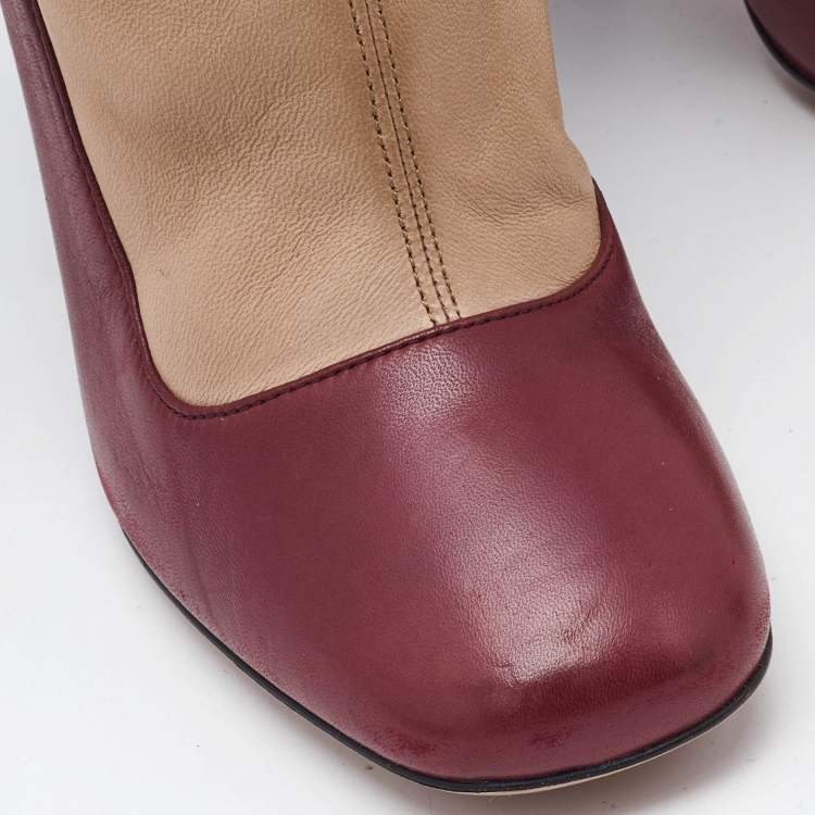 Pre Owned Prada Beige/Burgundy Leather Mid Calf Boots Size 39