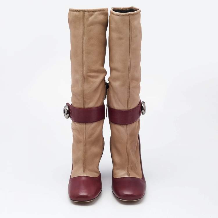 Pre Owned Prada Beige/Burgundy Leather Mid Calf Boots Size 39