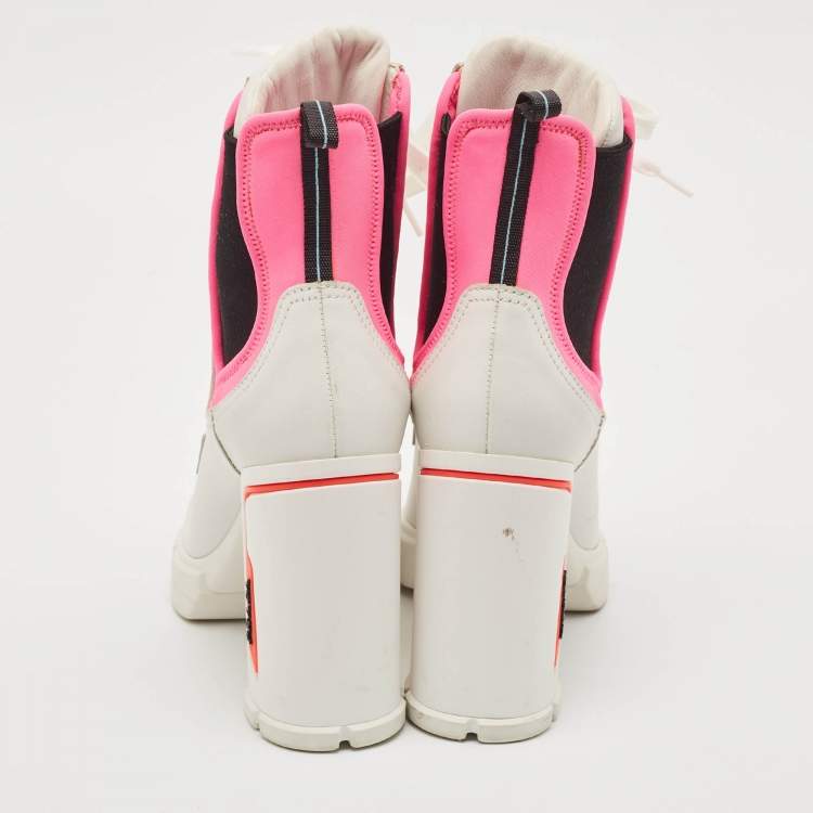 Pre Owned Prada White/Pink Fabric and Leather Logo Ankle Boots Size 39