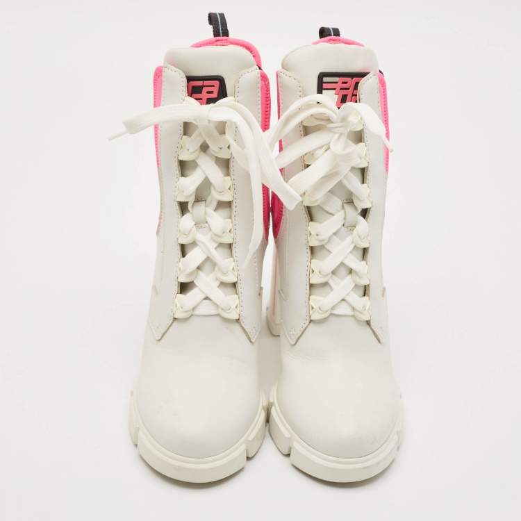 Pre Owned Prada White/Pink Fabric and Leather Logo Ankle Boots Size 39