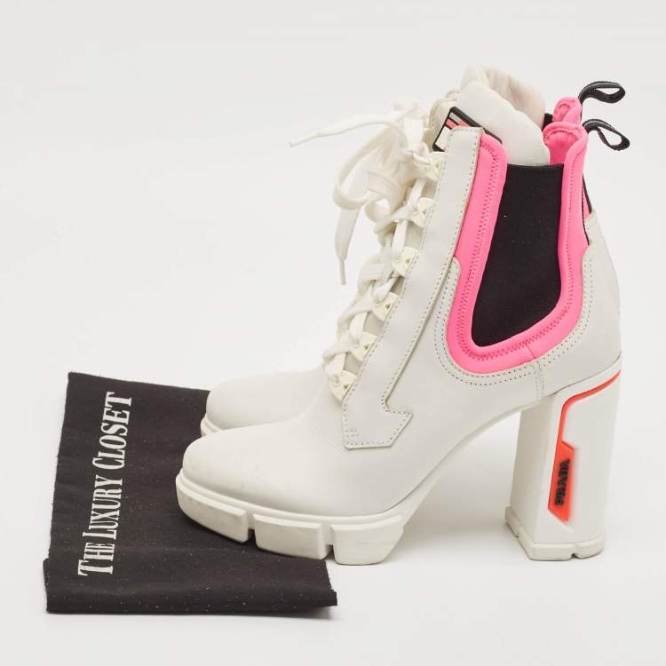 Pre Owned Prada White/Pink Fabric and Leather Logo Ankle Boots Size 39