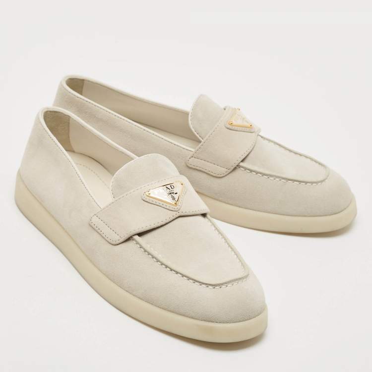 Pre Owned Prada Light Grey Suede Slip On Loafers Size 37