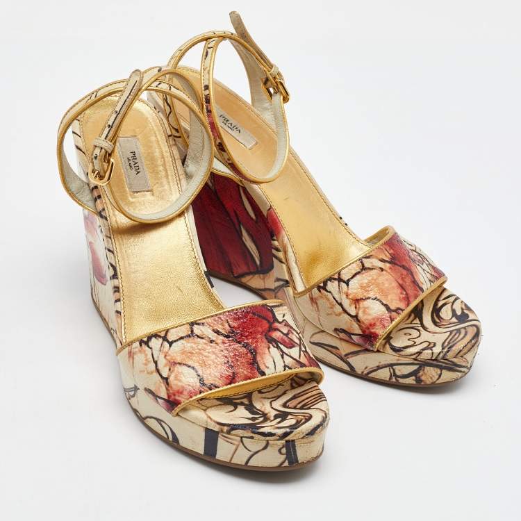 Pre Owned Prada Multicolor Fairy Print Leather Ankle Strap Platform Wedge Sandals Size 39.5