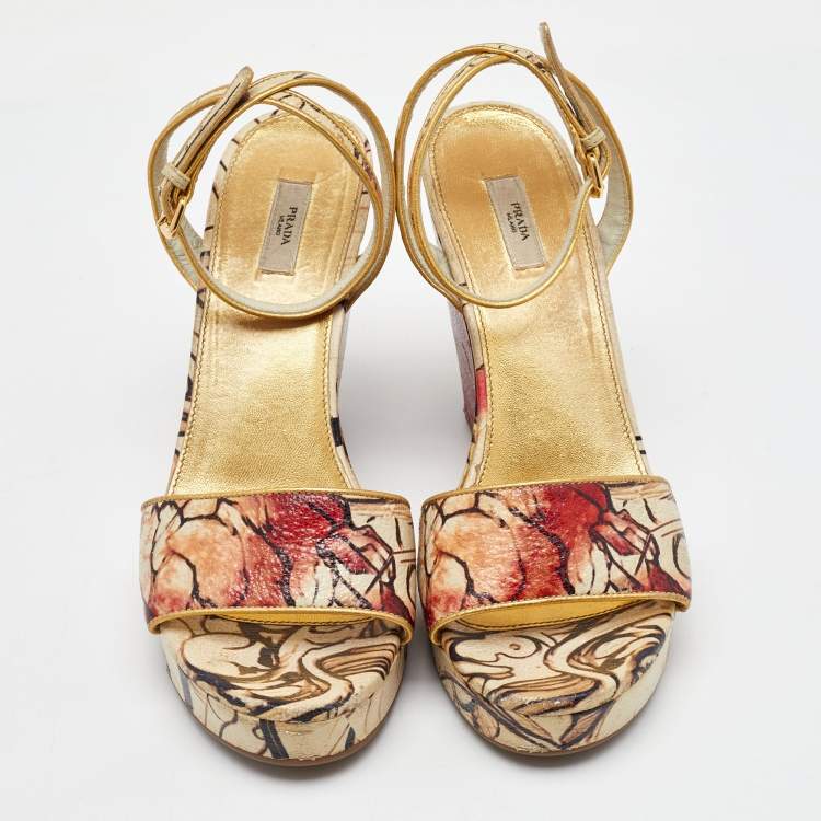 Pre Owned Prada Multicolor Fairy Print Leather Ankle Strap Platform Wedge Sandals Size 39.5