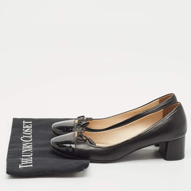 Pre Owned Prada Black Patent Leather Bow Block Heel Pumps Size 36.5