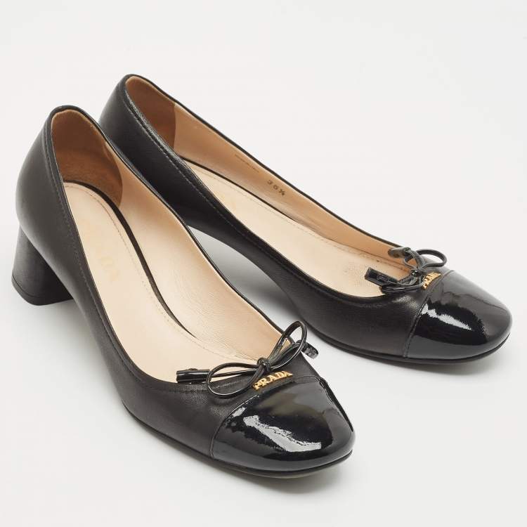 Pre Owned Prada Black Patent Leather Bow Block Heel Pumps Size 36.5