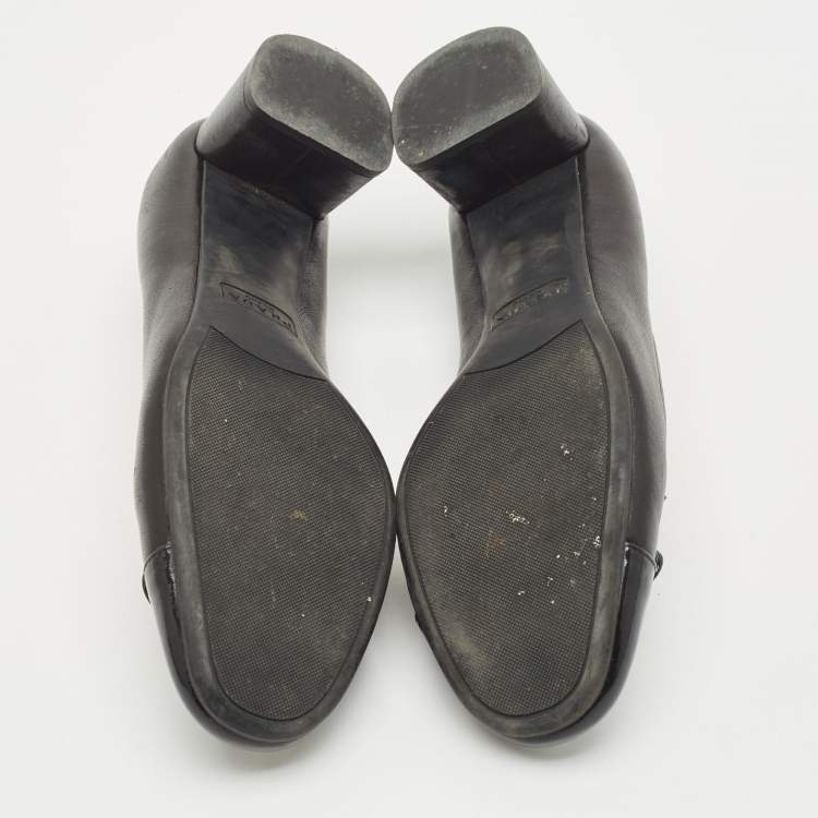 Pre Owned Prada Black Patent Leather Bow Block Heel Pumps Size 36.5