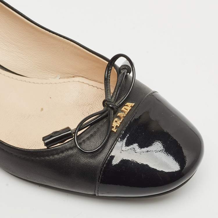 Pre Owned Prada Black Patent Leather Bow Block Heel Pumps Size 36.5