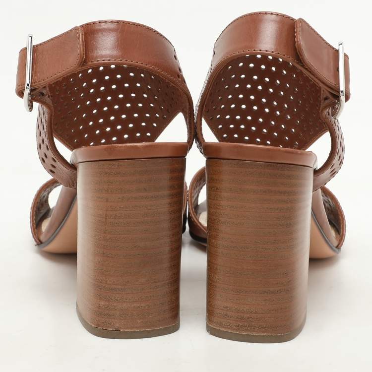 Pre Owned Prada Brown Perforated Leather Ankle Strap Sandals Size 38
