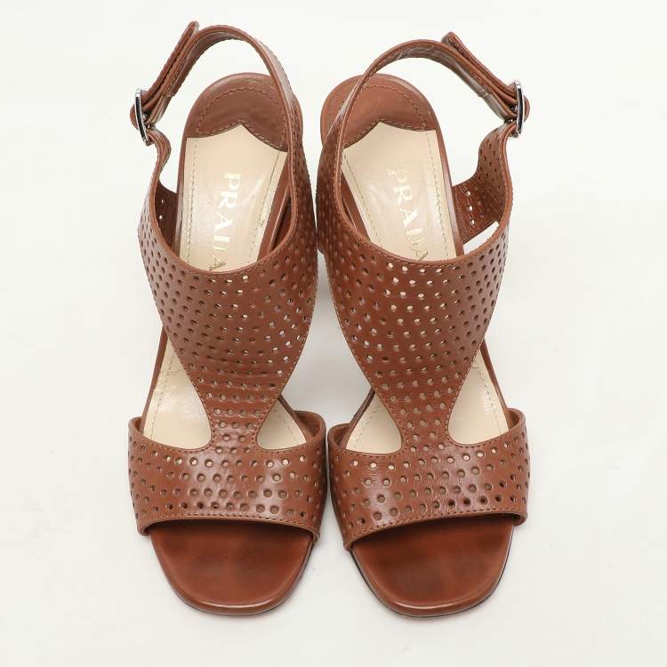 Pre Owned Prada Brown Perforated Leather Ankle Strap Sandals Size 38
