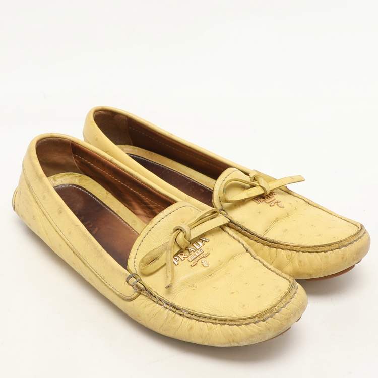 Pre Owned Prada Yellow Ostrich Leather Bow Loafers Size 37.5