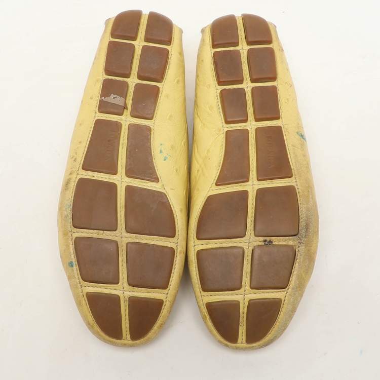 Pre Owned Prada Yellow Ostrich Leather Bow Loafers Size 37.5
