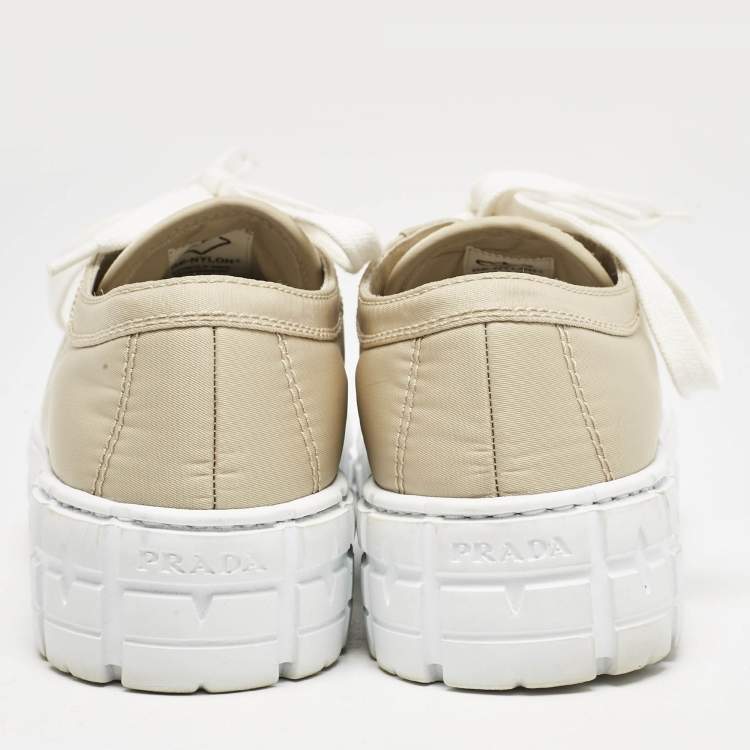 Pre Owned Prada Beige Nylon Gabardine Double Wheel Low Top Sneakers Size 37.5
