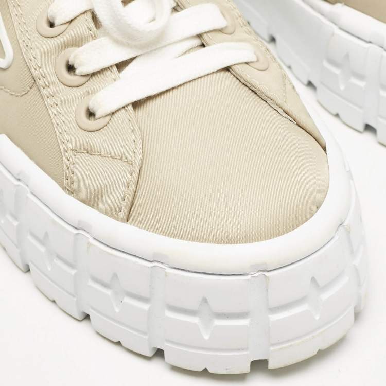 Pre Owned Prada Beige Nylon Gabardine Double Wheel Low Top Sneakers Size 37.5