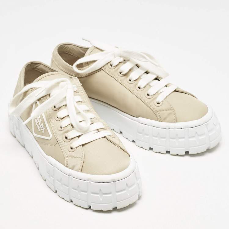 Pre Owned Prada Beige Nylon Gabardine Double Wheel Low Top Sneakers Size 37.5