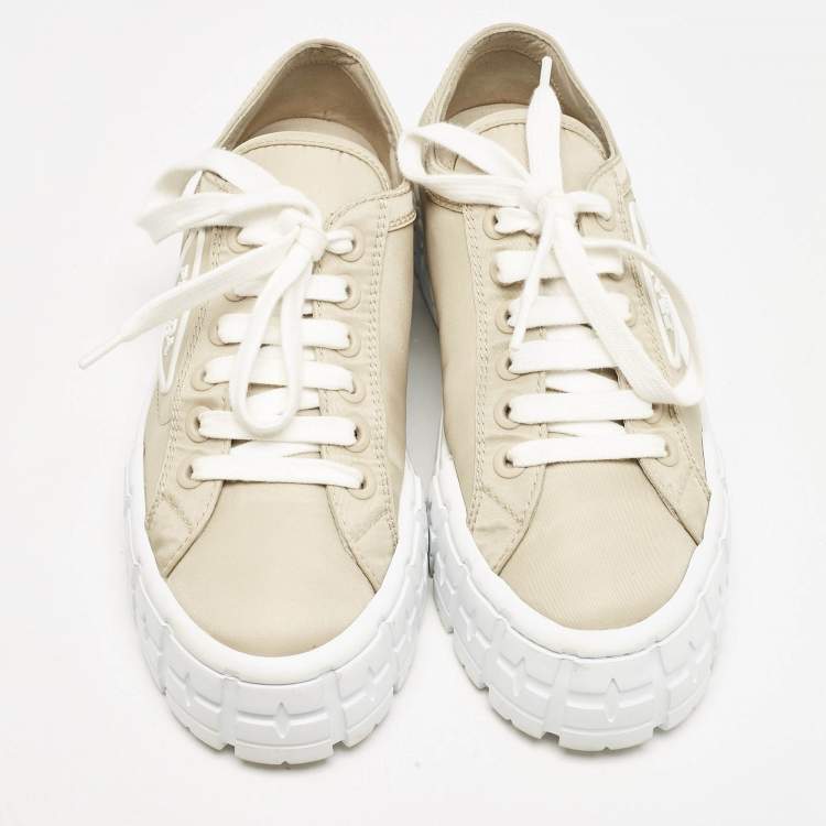 Pre Owned Prada Beige Nylon Gabardine Double Wheel Low Top Sneakers Size 37.5