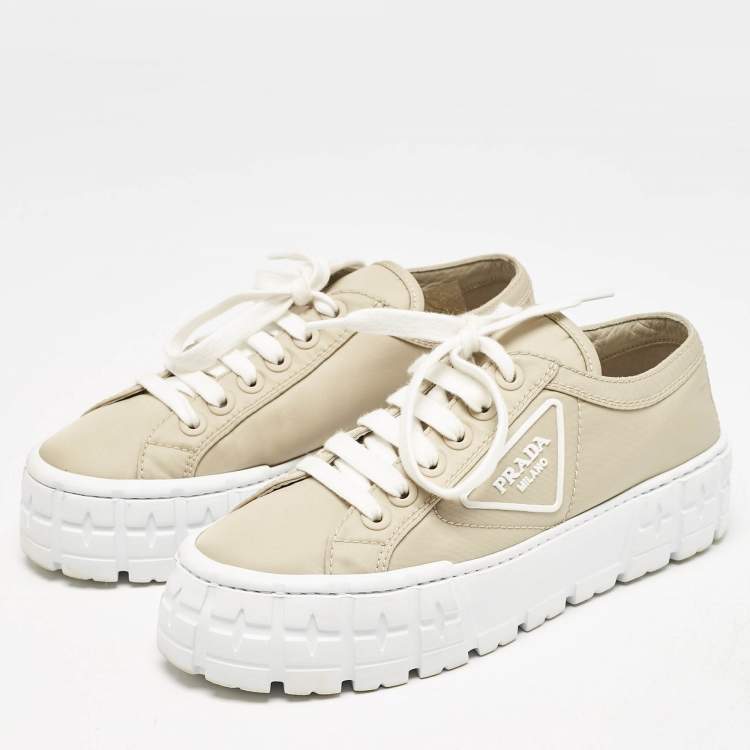 Pre Owned Prada Beige Nylon Gabardine Double Wheel Low Top Sneakers Size 37.5