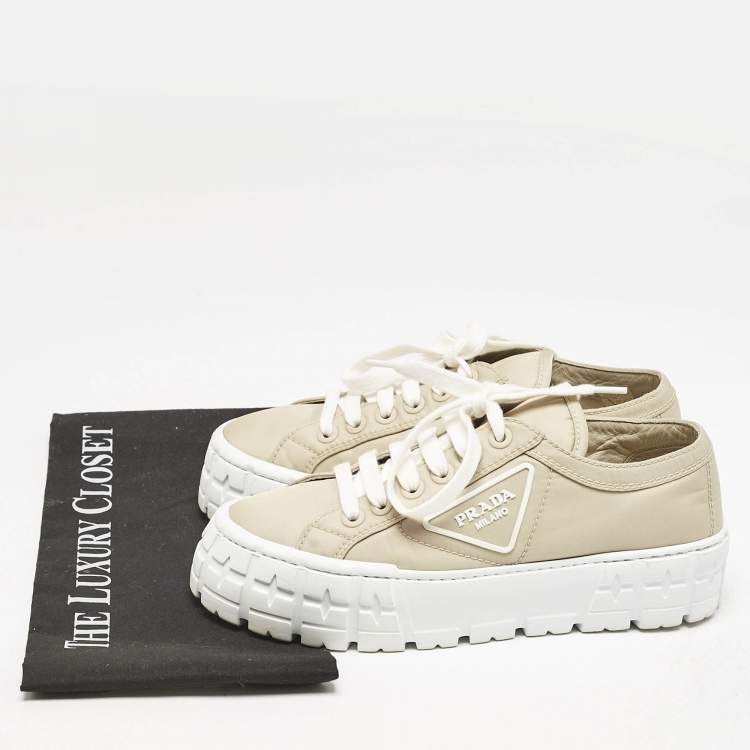 Pre Owned Prada Beige Nylon Gabardine Double Wheel Low Top Sneakers Size 37.5