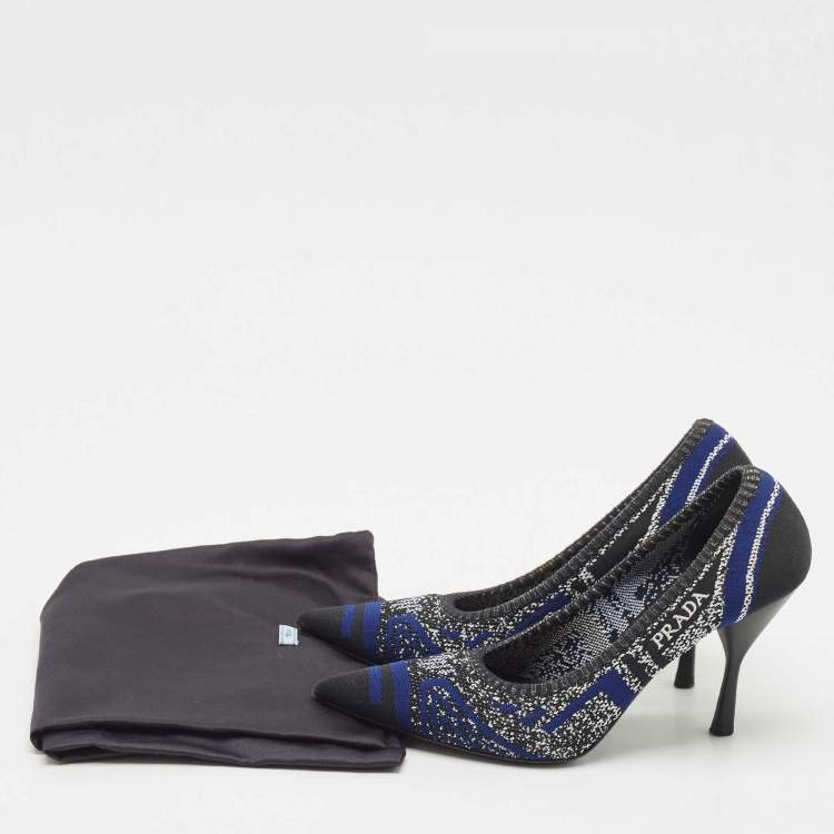 Pre Owned Prada Navy Blue/Black Printed Knit Fabric Pointed Toe Pumps Size 37.5
