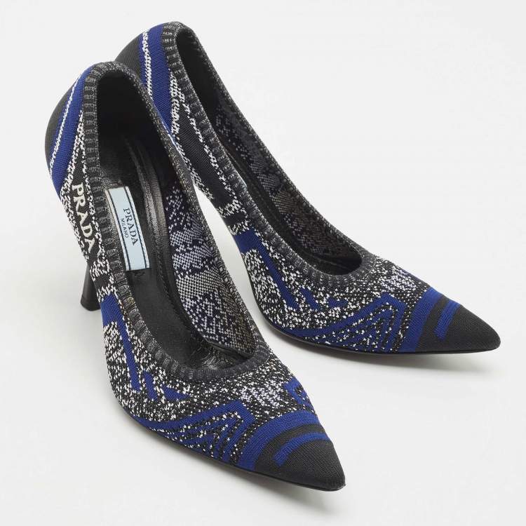 Pre Owned Prada Navy Blue/Black Printed Knit Fabric Pointed Toe Pumps Size 37.5