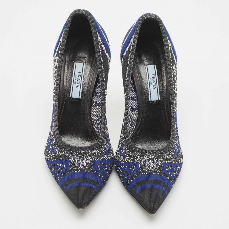 Pre Owned Prada Navy Blue/Black Printed Knit Fabric Pointed Toe Pumps Size 37.5