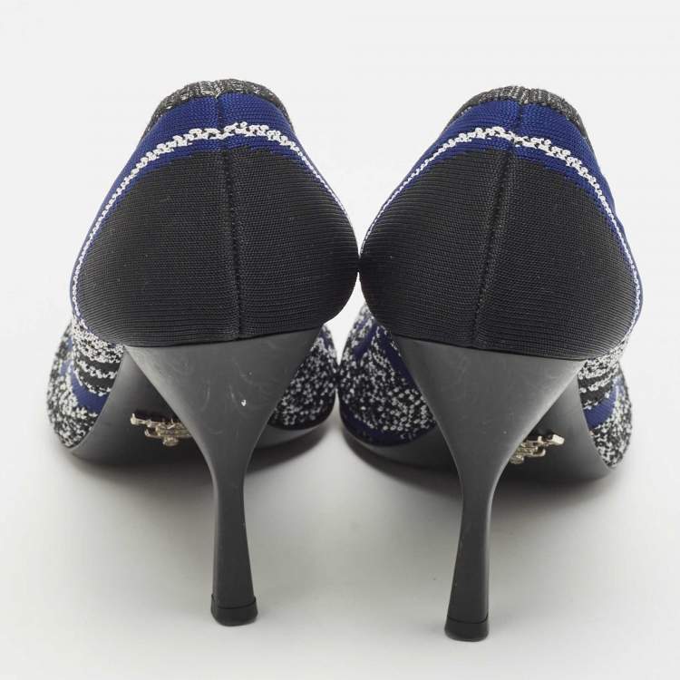 Pre Owned Prada Navy Blue/Black Printed Knit Fabric Pointed Toe Pumps Size 37.5