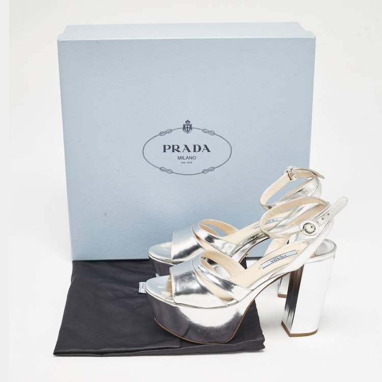 Pre Owned Prada Silver Leather Ankle Strap Platform Sandals Size 36