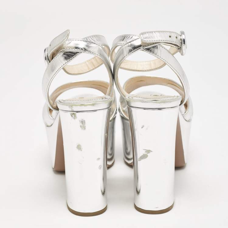 Pre Owned Prada Silver Leather Ankle Strap Platform Sandals Size 36