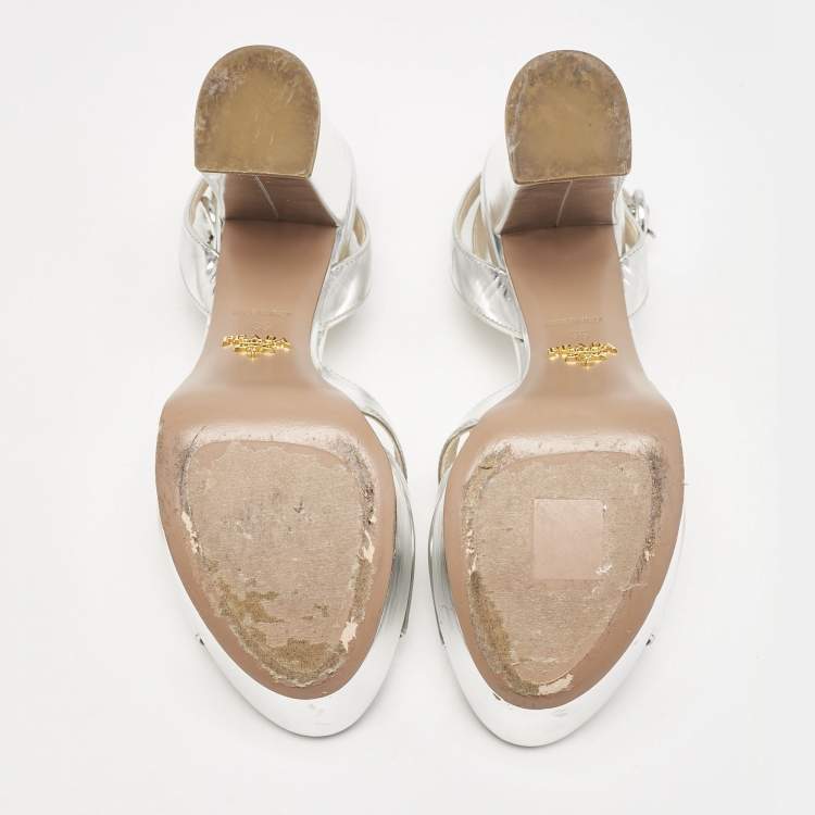 Pre Owned Prada Silver Leather Ankle Strap Platform Sandals Size 36