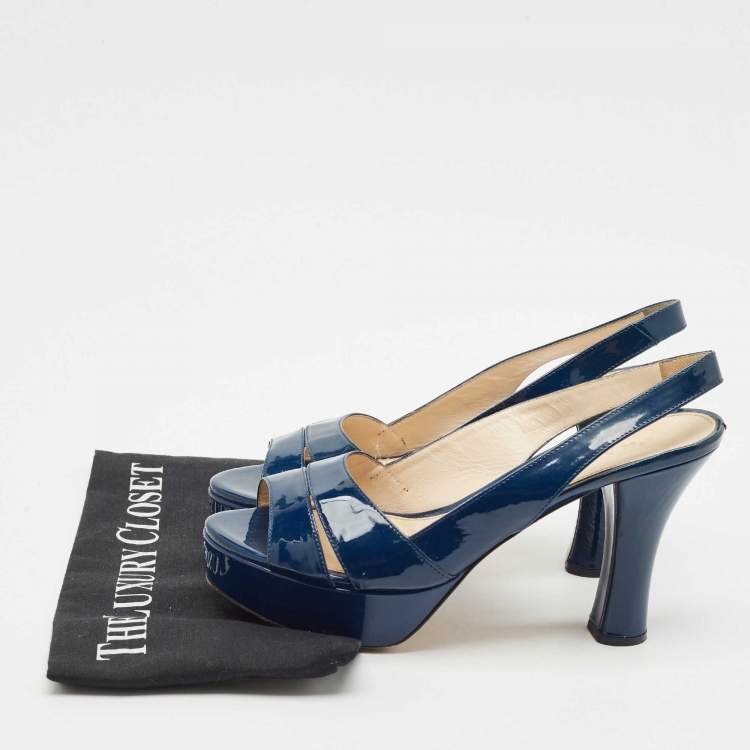 Pre Owned Prada Navy Blue Patent Leather Slingback Platform Sandals Size 38