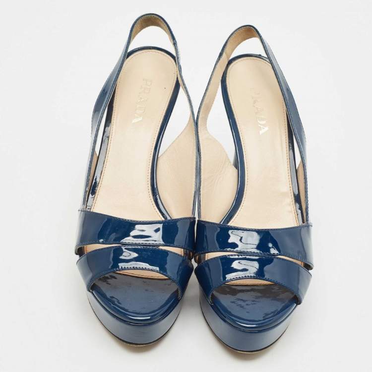 Pre Owned Prada Navy Blue Patent Leather Slingback Platform Sandals Size 38