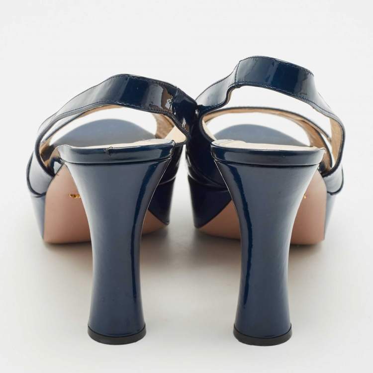 Pre Owned Prada Navy Blue Patent Leather Slingback Platform Sandals Size 38