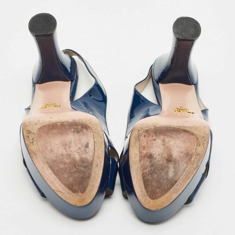 Pre Owned Prada Navy Blue Patent Leather Slingback Platform Sandals Size 38