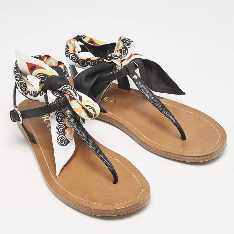 Pre Owned Prada Black Saffiano Leather T-Strap Ribbon Flat Sandals Size 40