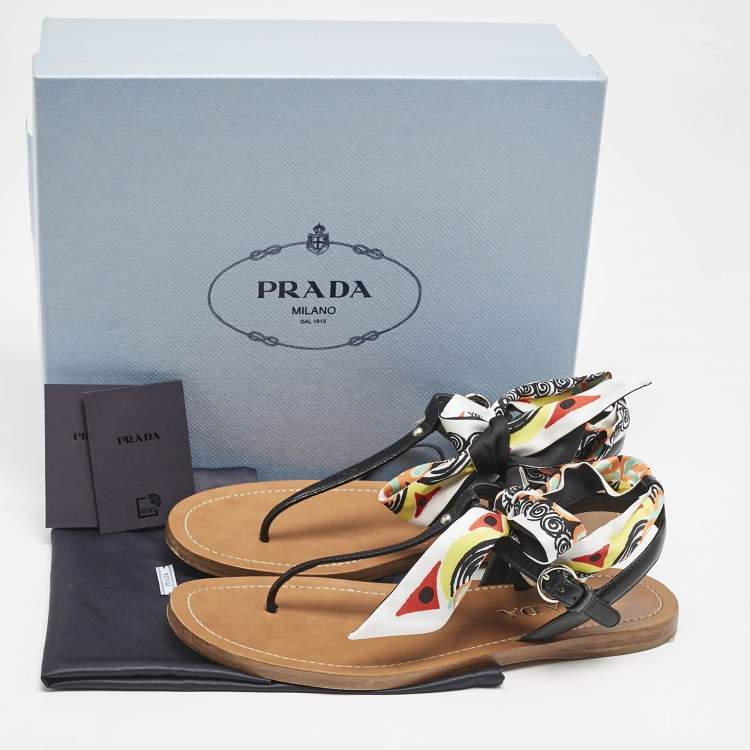 Pre Owned Prada Black Saffiano Leather T-Strap Ribbon Flat Sandals Size 40