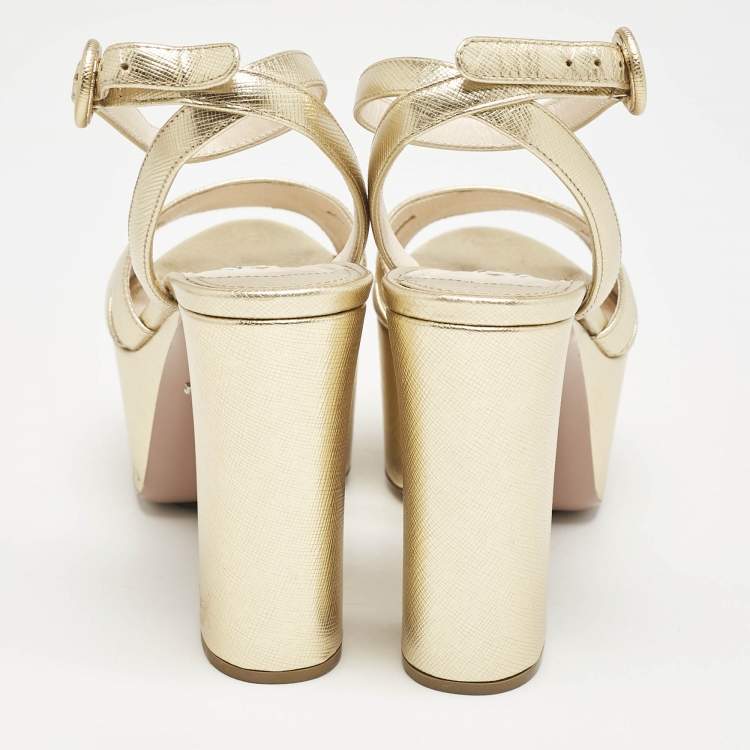 Pre Owned Prada Gold Saffiano Leather Ankle Strap Block Heel Platform Sandals Size 36