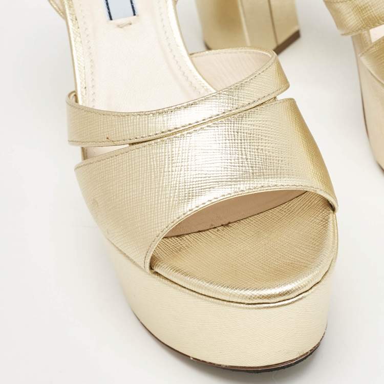 Pre Owned Prada Gold Saffiano Leather Ankle Strap Block Heel Platform Sandals Size 36