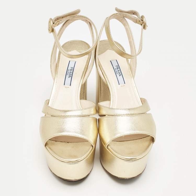 Pre Owned Prada Gold Saffiano Leather Ankle Strap Block Heel Platform Sandals Size 36