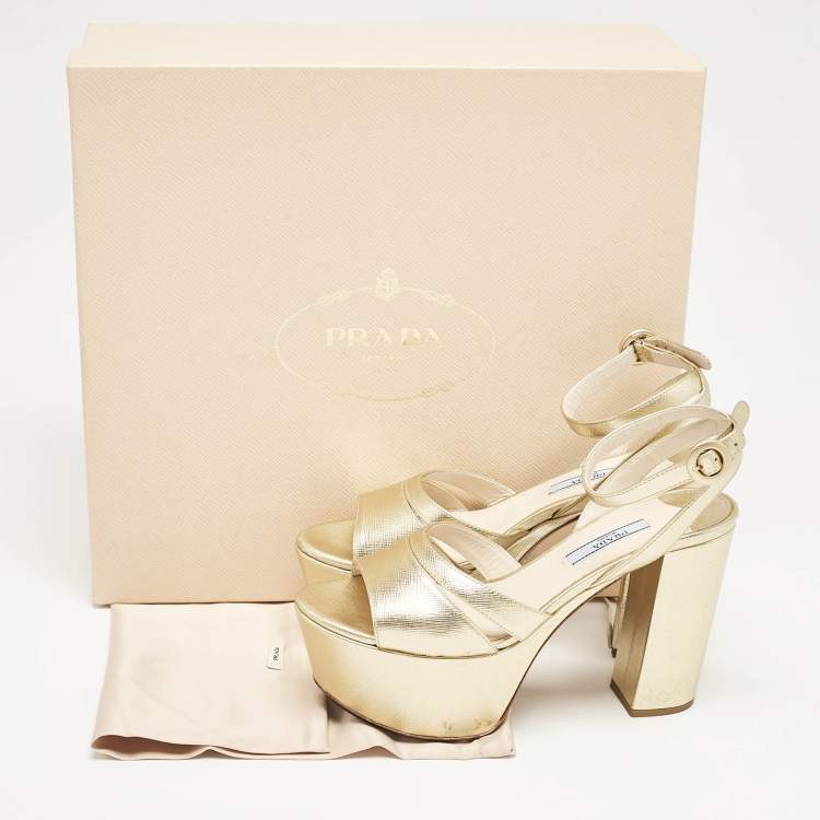 Pre Owned Prada Gold Saffiano Leather Ankle Strap Block Heel Platform Sandals Size 36