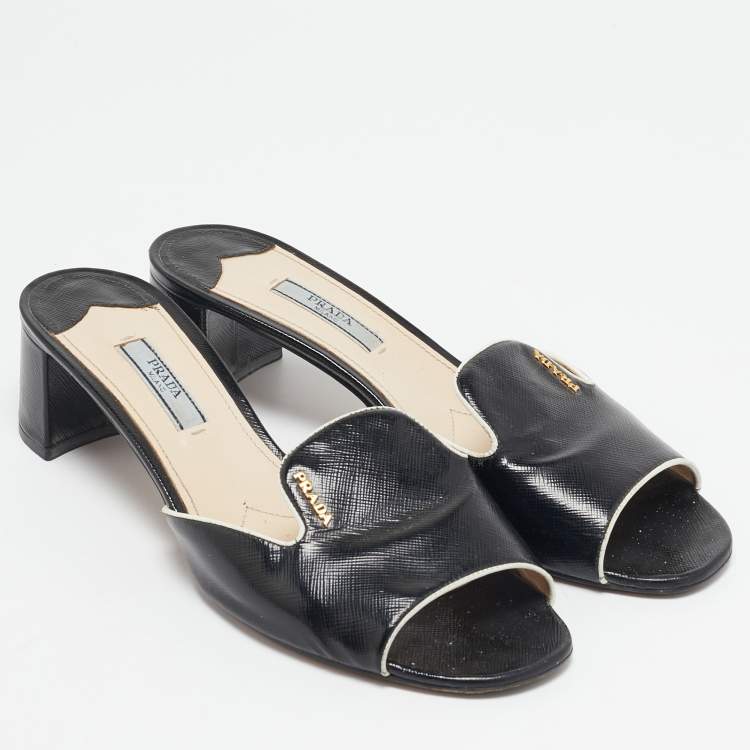 Pre Owned Prada Black Saffinao Patent Leather Slide Sandals Size 39