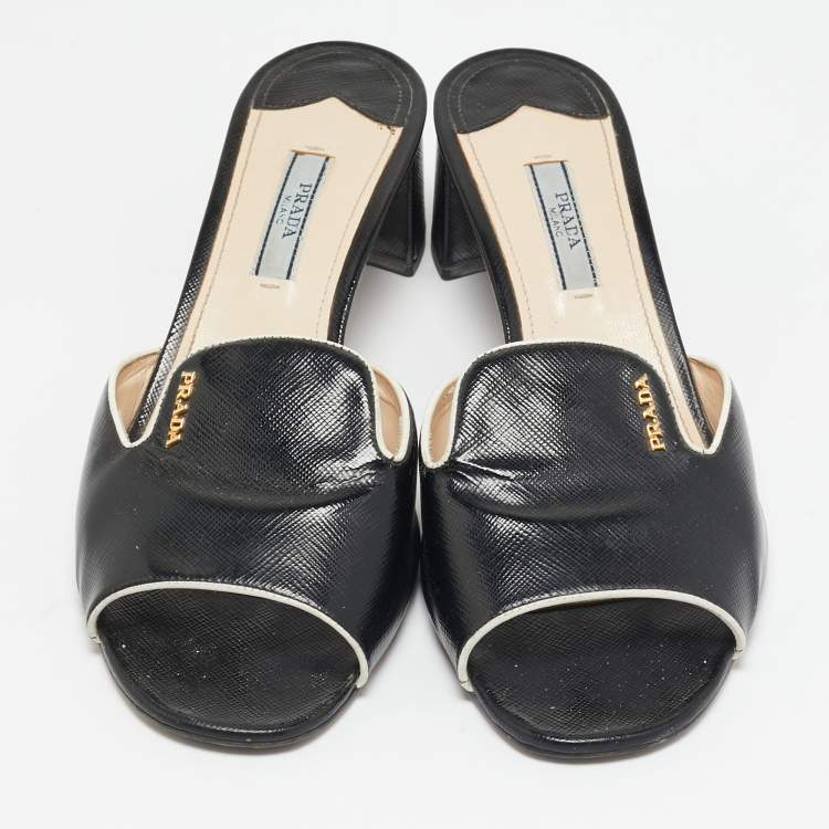 Pre Owned Prada Black Saffinao Patent Leather Slide Sandals Size 39
