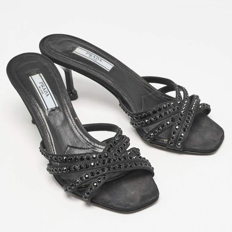 Pre Owned Prada Black Satin  Crystal Embellished Slide Sandals Size 36