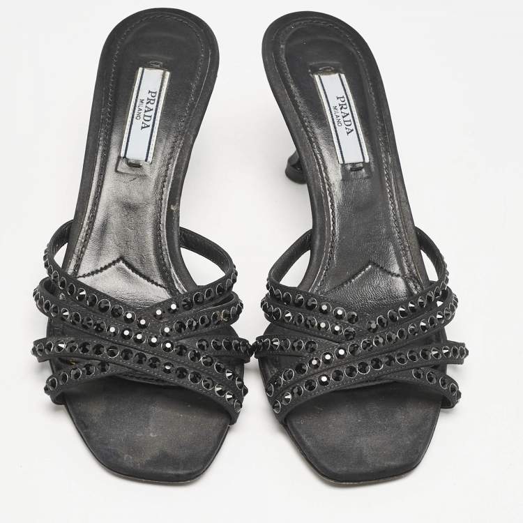 Pre Owned Prada Black Satin  Crystal Embellished Slide Sandals Size 36