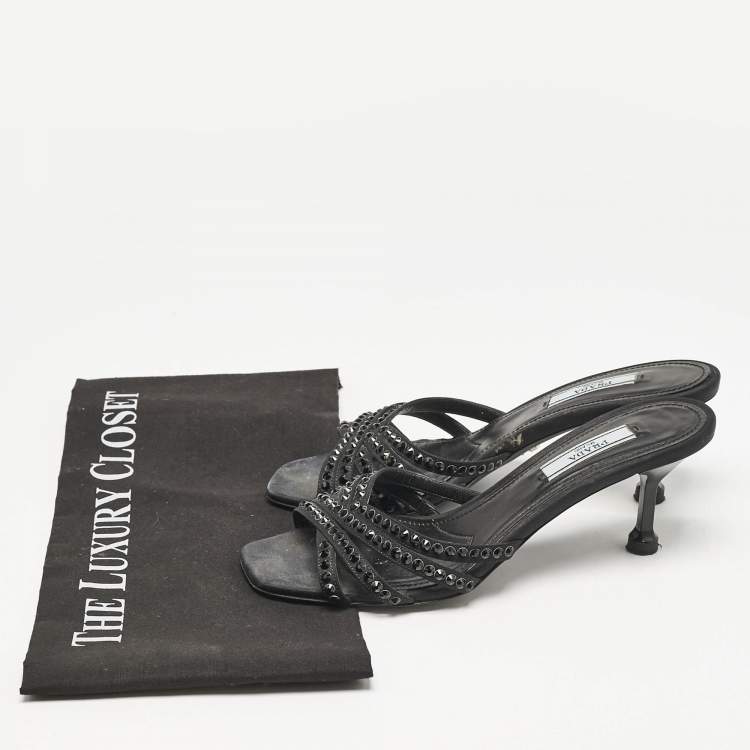 Pre Owned Prada Black Satin  Crystal Embellished Slide Sandals Size 36