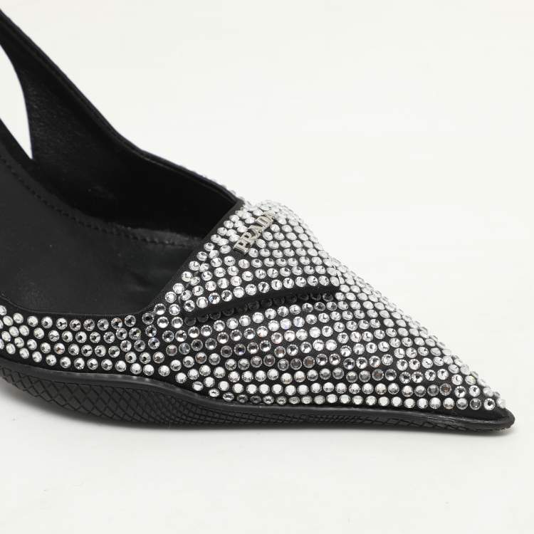Pre Owned Prada Black Satin Crystal Embellished Pointed Toe Slingback Pumps 36.5